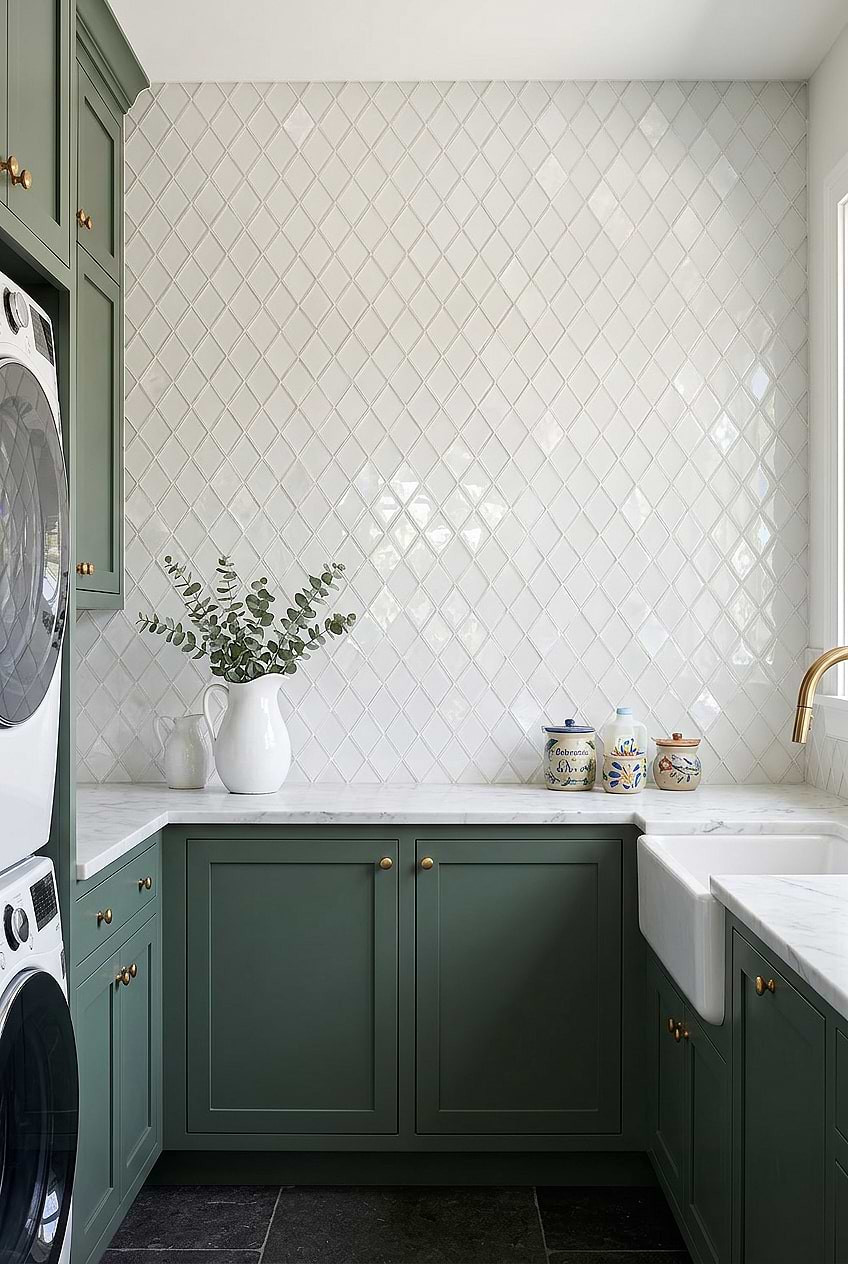 White Glass Shell Diamond Laundry Backsplash BA6706