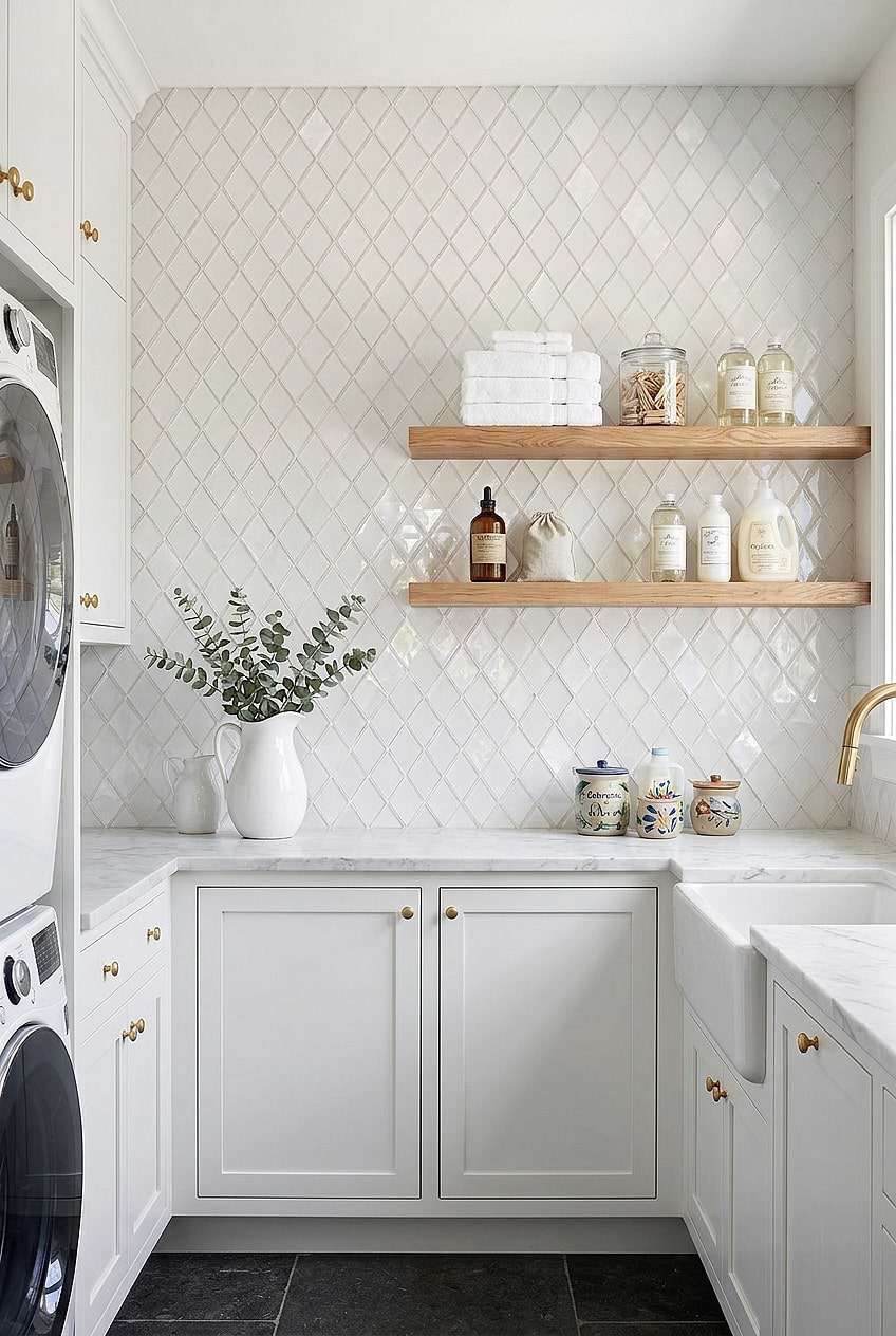White Glass Shell Diamond Laundry Backsplash Tile BA6706