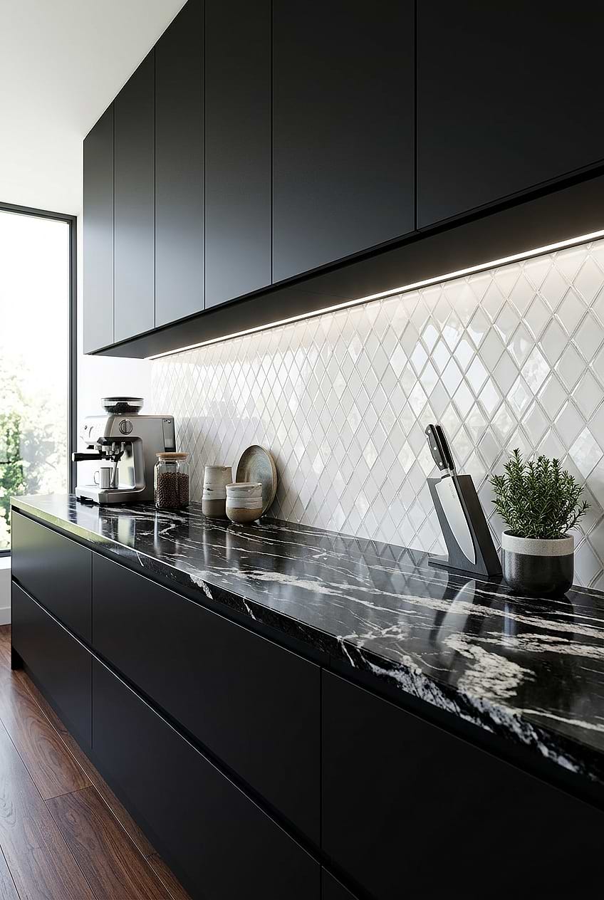 White Glass Shell Diamond Tile Black Kitchen BA6706