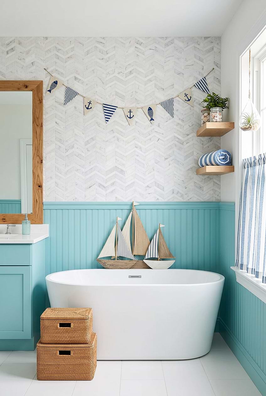 White Gray Chevron Coastal Bathroom Tile BA6311