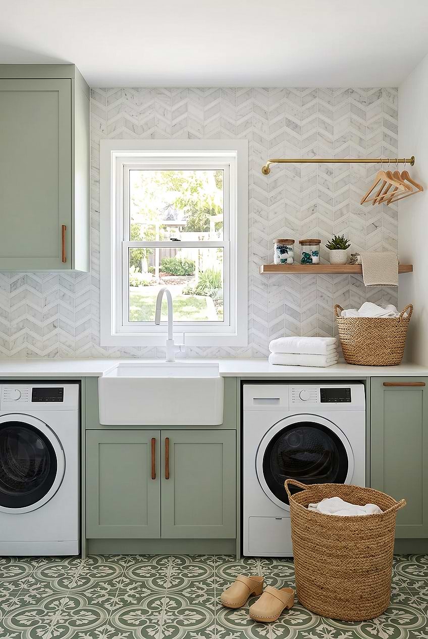 White Gray Chevron Laundry Room Backsplash BA6311