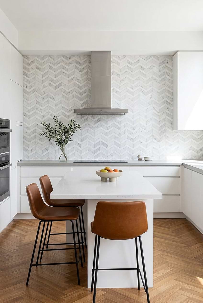 White Gray Chevron Marble Backsplash BA6311