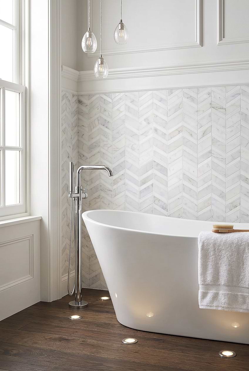White Gray Chevron Marble Bathroom Tile BA6311