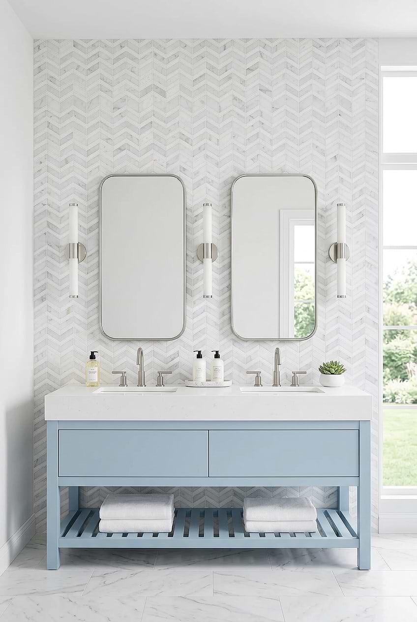 White Gray Chevron Marble Bathroom Wall BA6311