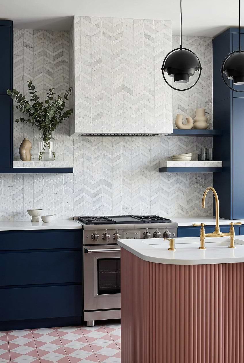 White Gray Gold Chevron Marble Backsplash BA6311