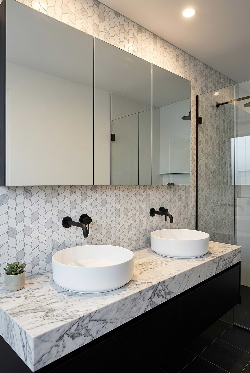 White Gray Marble Leaf Black Bathroom BA6316 White Gray Marble Leaf Black Bathroom BA6316