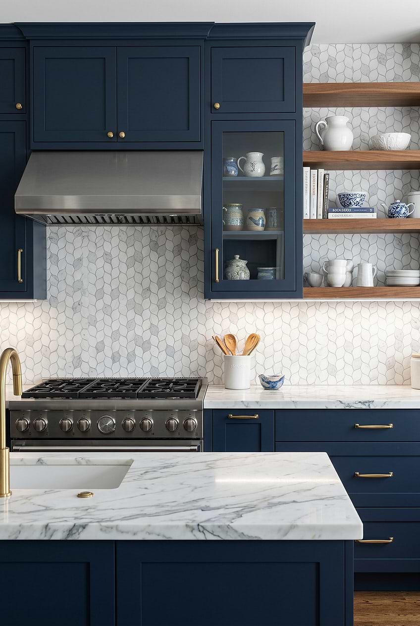 White Gray Marble Leaf Navy Kitchen BA6316