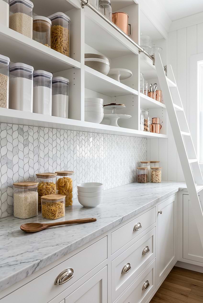 White Gray Marble Leaf Tile Butler's Pantry BA6316