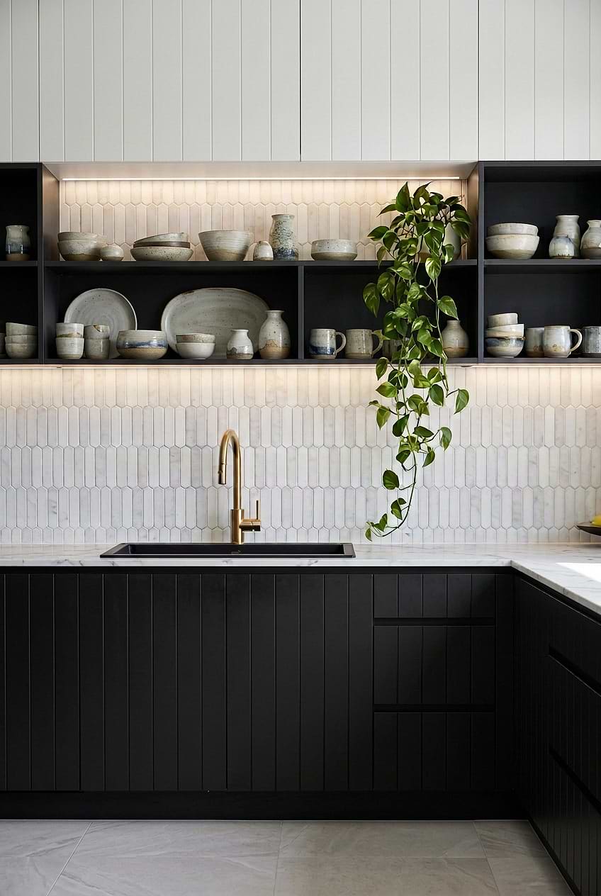 White Gray Marble Picket Backsplash Black Cabinets BA6321