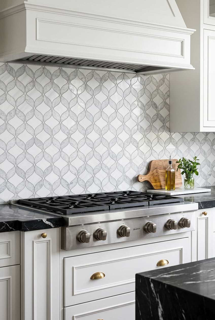 White Gray Marble Waterjet Mosaic Backsplash BA6317