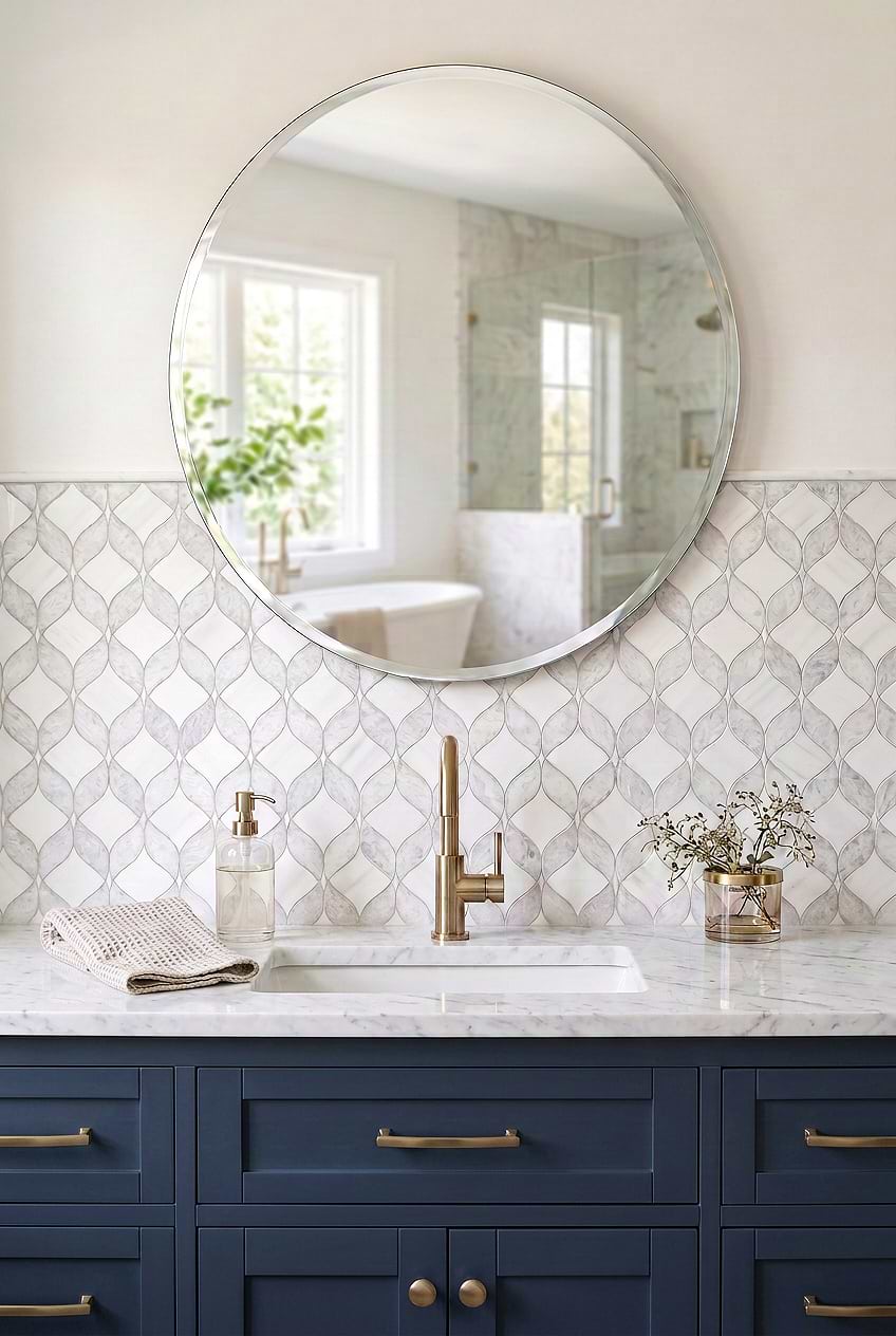White Gray Waterjet Backsplash for Blue Vanity BA6317