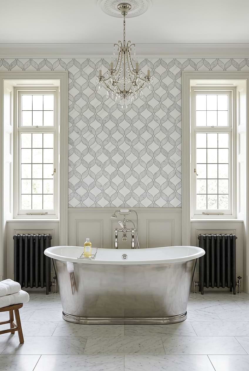 White Gray Waterjet Mosaic Bathroom Tile Metal Bathtub BA6317