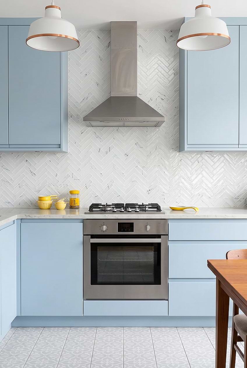 White Herringbone Backsplash Blue Kitchen Cabinets BA5503