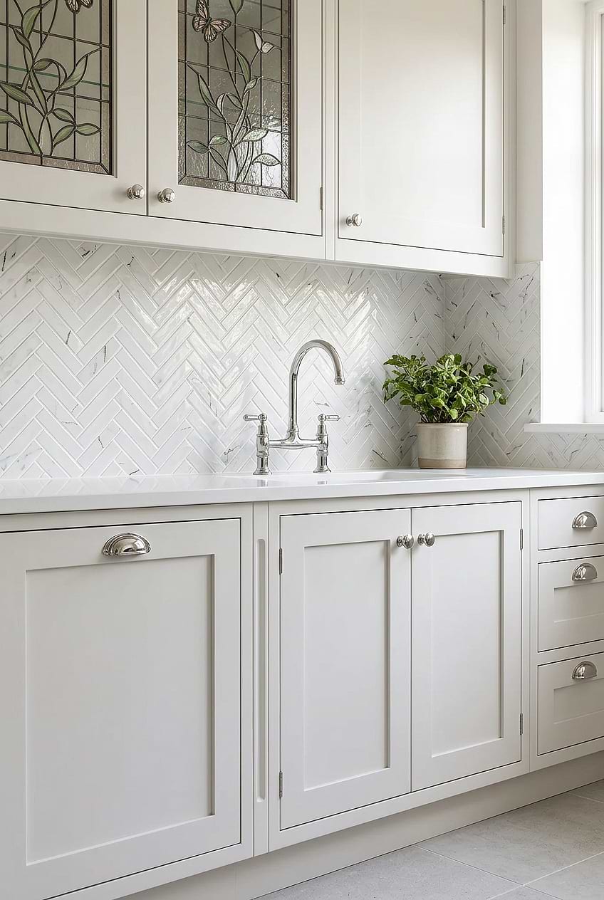 White Herringbone Backsplash White Cabinets BA5503