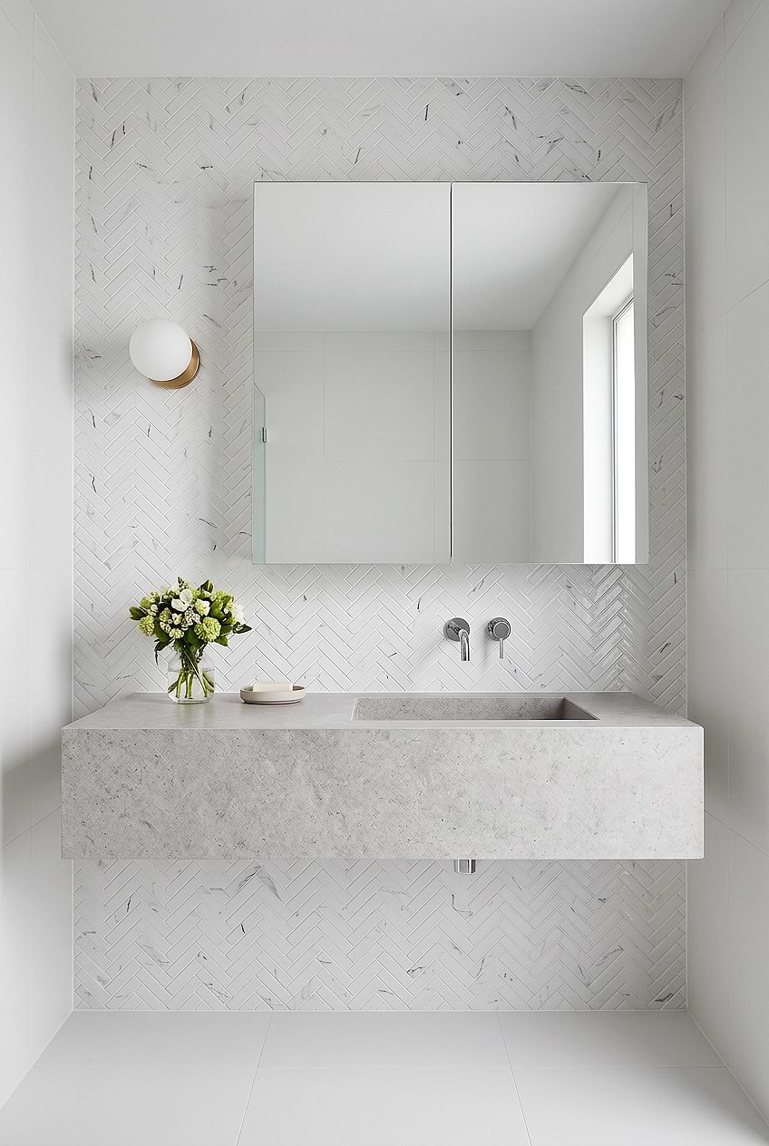 White Herringbone Glass Bathroom Vanity Wall BA5503