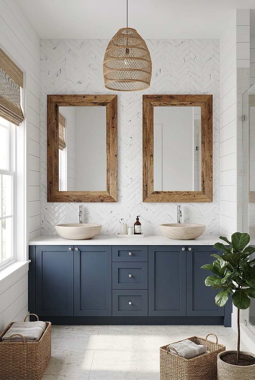 White Herringbone Glass Tile Blue Vanity BA5503