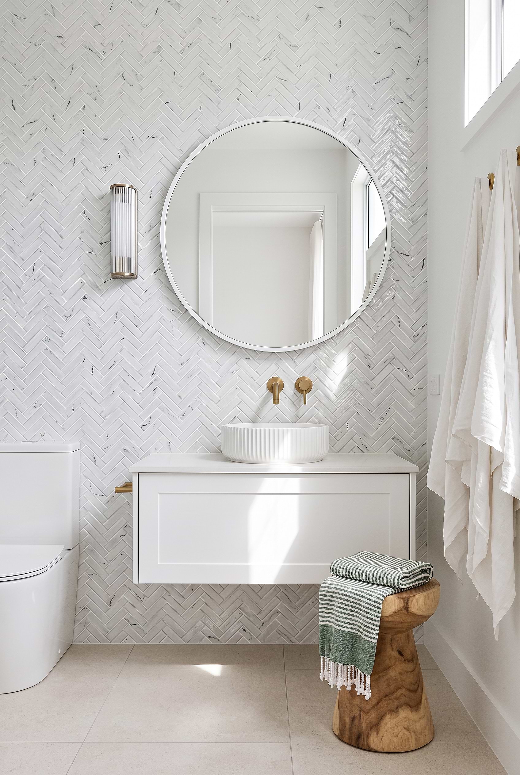 White Herringbone Marble Look Glass Tile BA5503