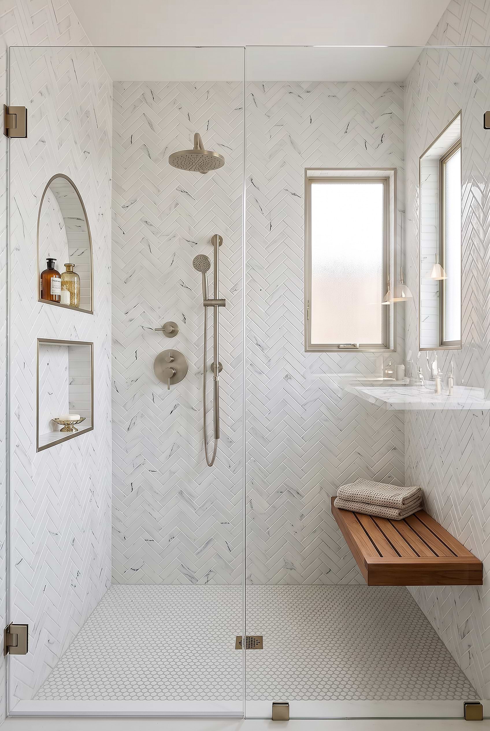 White Herringbone Marble Shower Tile BA5503