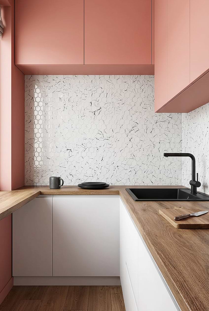 White Hexagon Backsplash Pink Kitchen BA5509 White Hexagon Backsplash Pink Kitchen BA5509