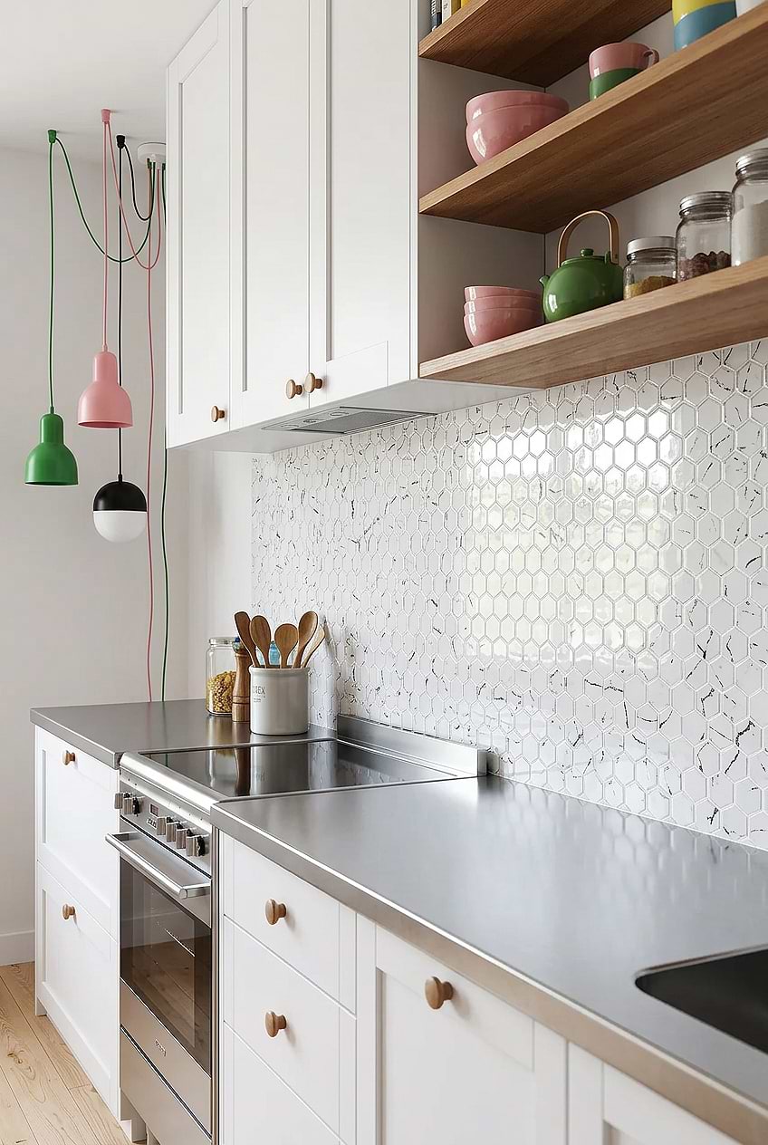 White Hexagon Glass Kitchen Backsplash BA5509