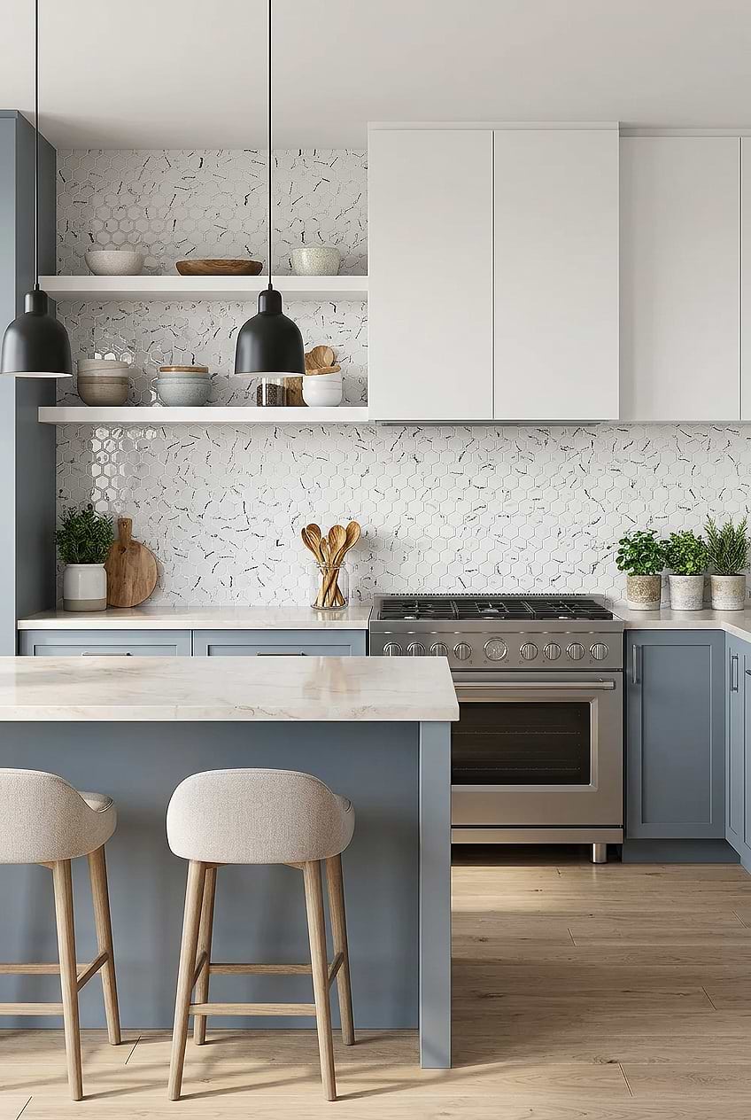 White Hexagon Glass Kitchen Backsplash BA5509