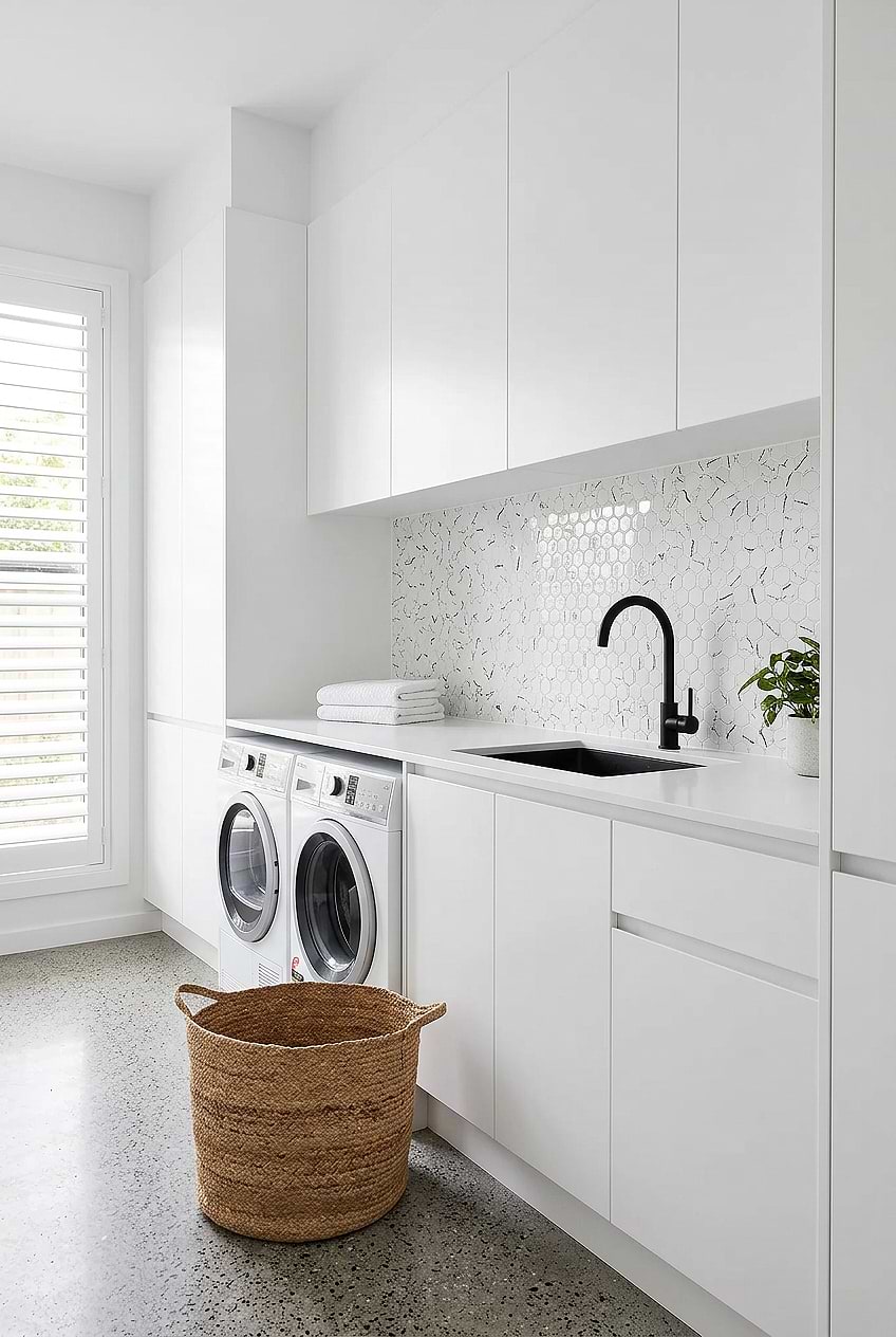 White Hexagon Glass Laundry Backsplash BA5509