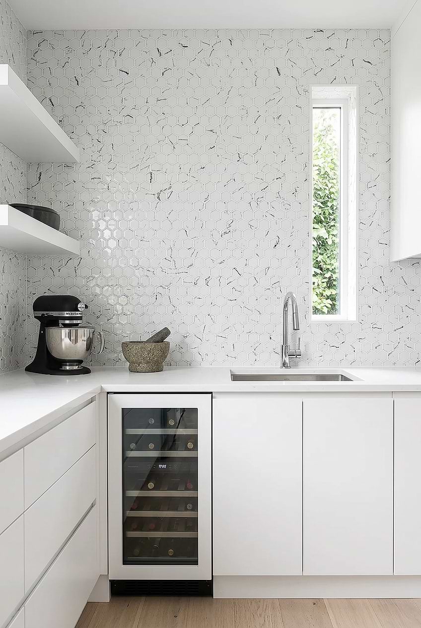White Hexagon Glass Mosaic Backsplash BA5509