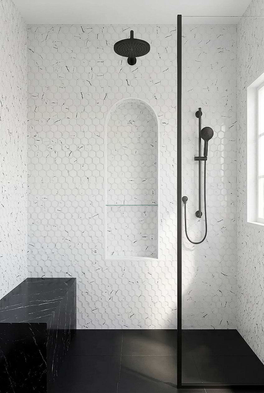 White Hexagon Glass Shower Wall Tile BA5509