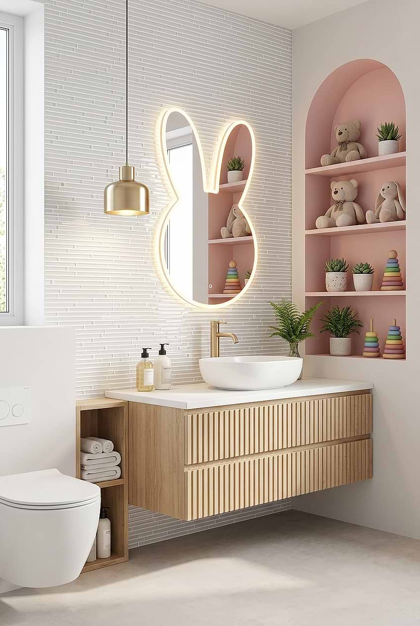 White Linear Backsplash for Girls Bathroom BA1164