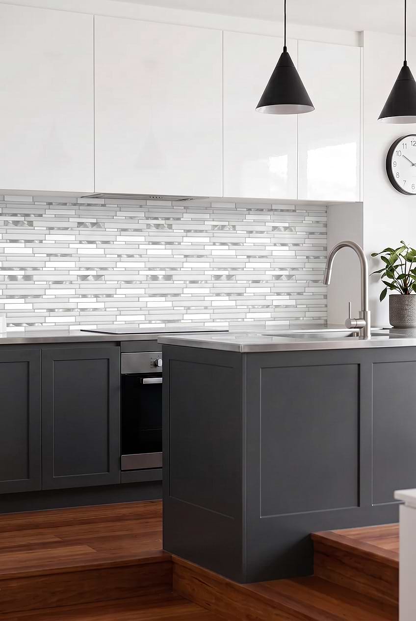 White Linear Mosaic Gray Kitchen Tile BA62032