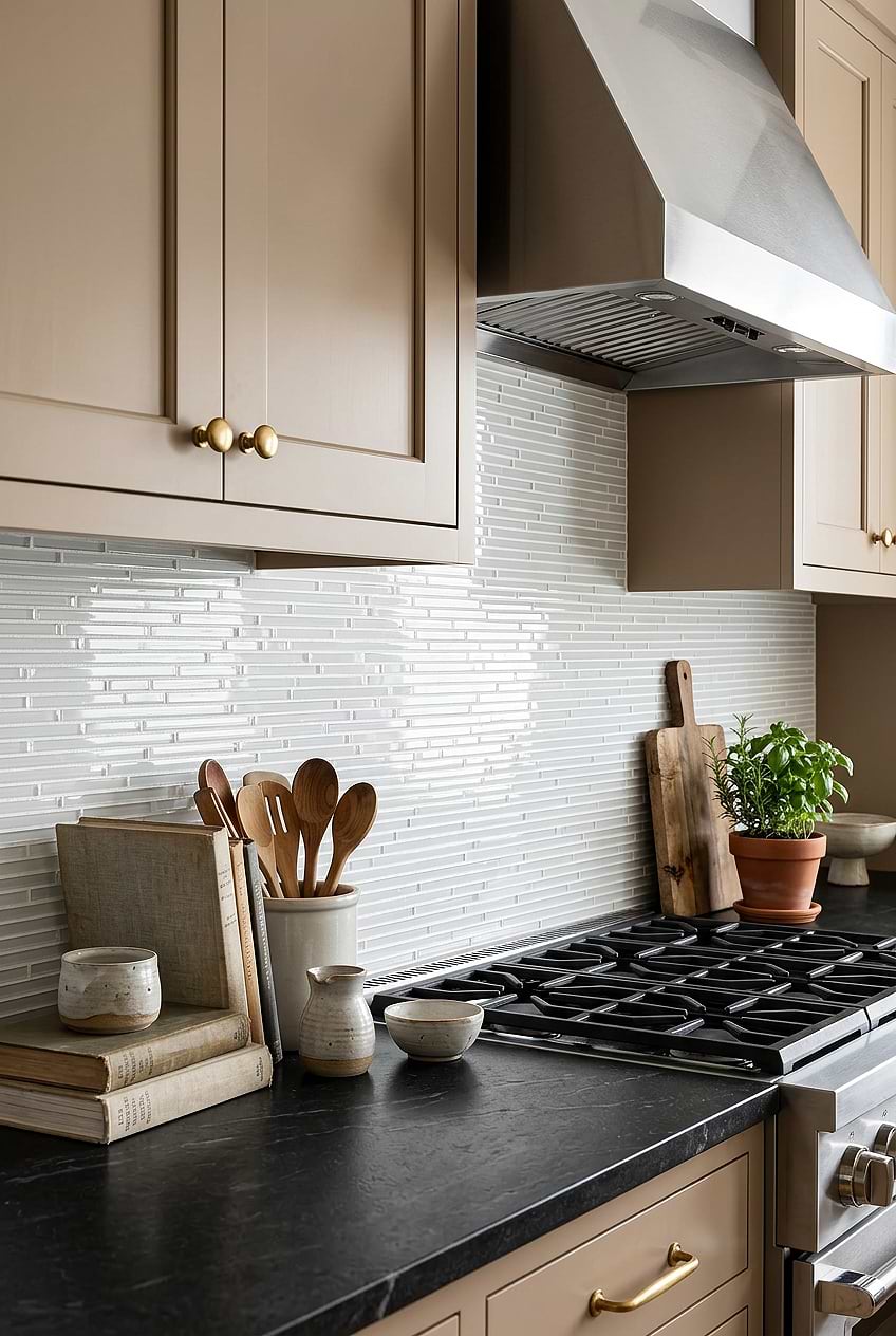 White Linear Mosaic with Taupe Kitchen Cabinets BA1164