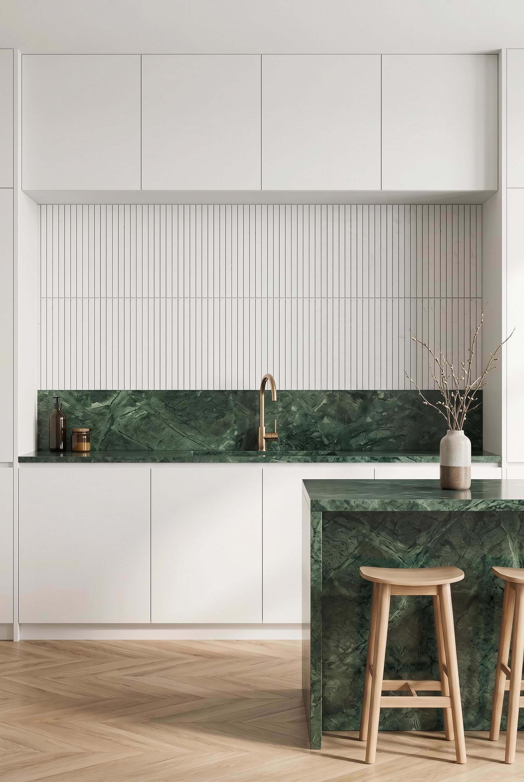 White Marble Backsplash with Green Stone BA1078
