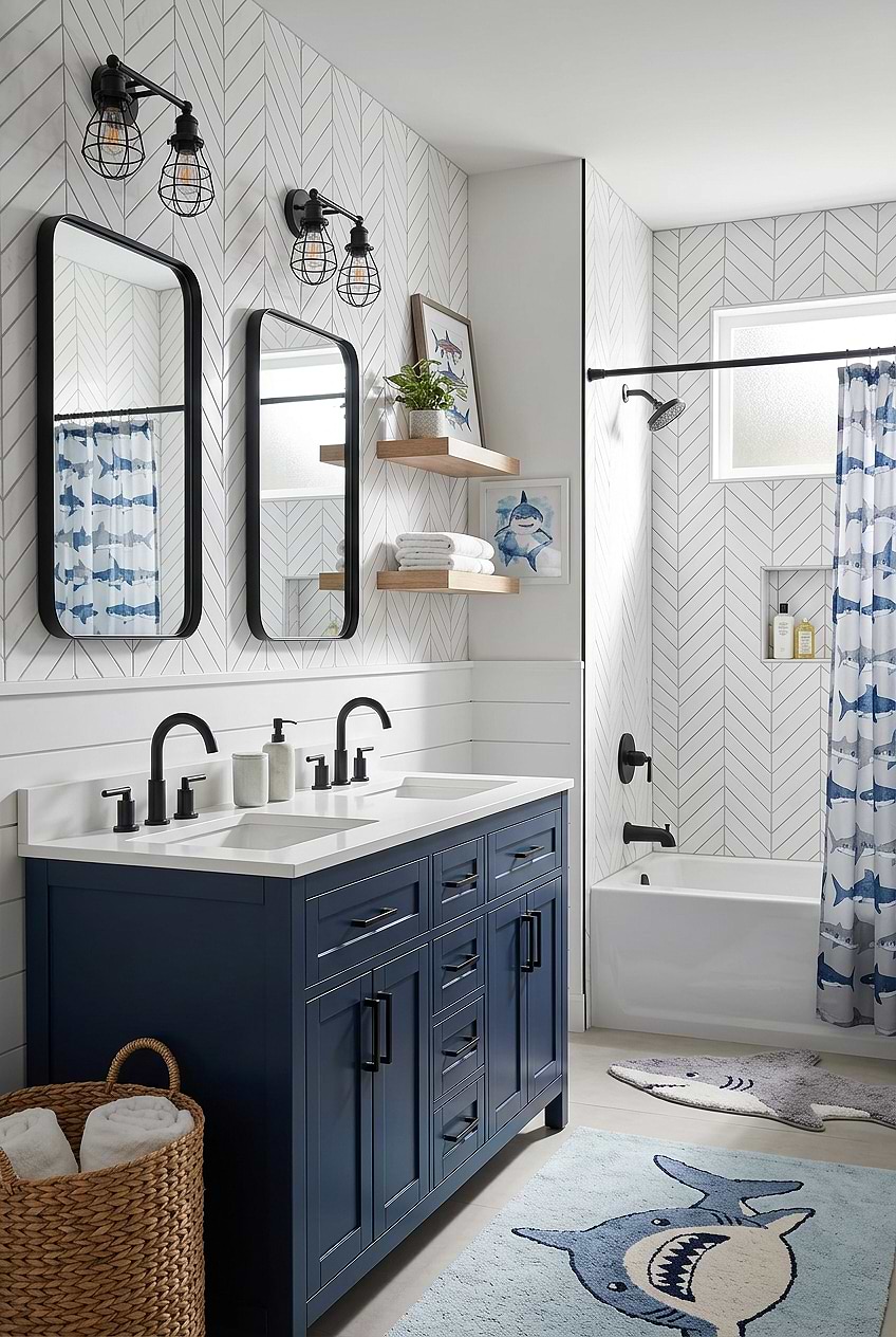 White Marble Chevron Boys Bathroom Tile BA6322