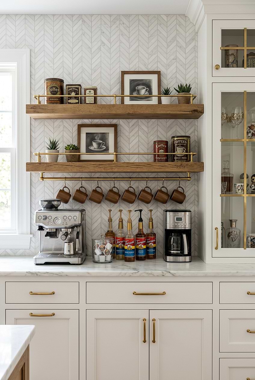 White Marble Chevron Coffee Bar Backsplash BA631613