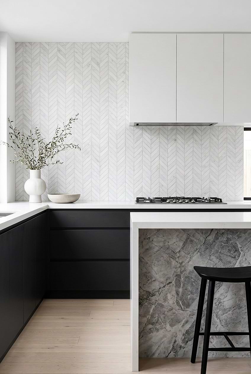 White Marble Chevron Modern Kitchen BA631613