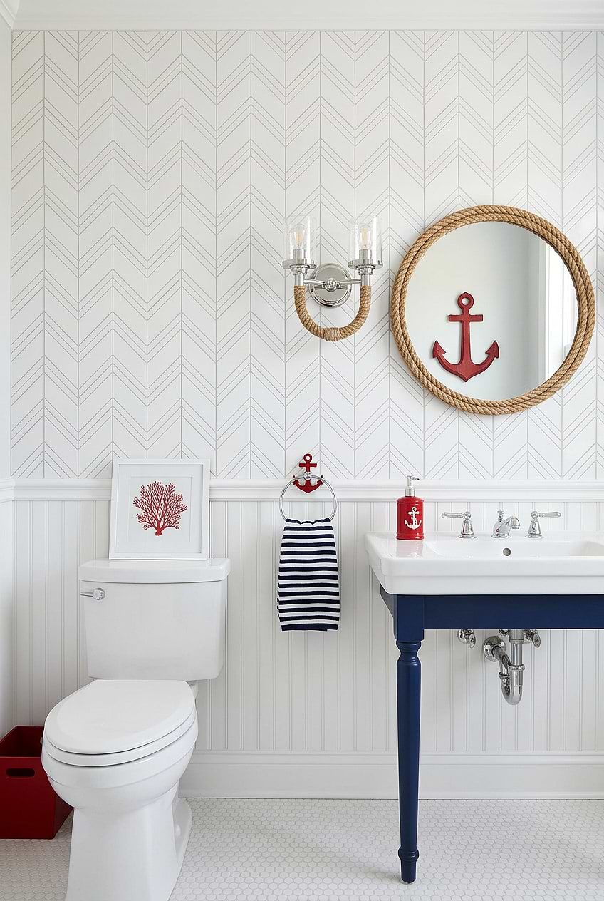 White Marble Chevron Nautical Boys Bathroom Tile BA6301