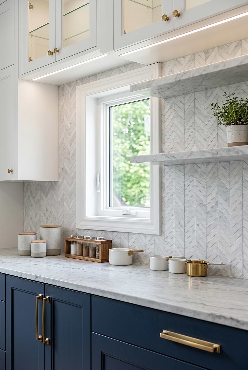 White Marble Chevron Textured Kitchen Backsplash BA631613