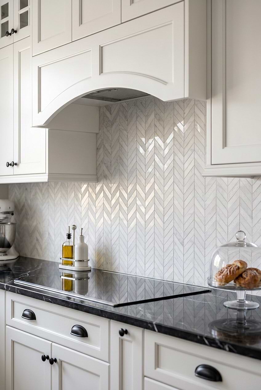 White Marble Chevron Textured Kitchen Backsplash BA631613
