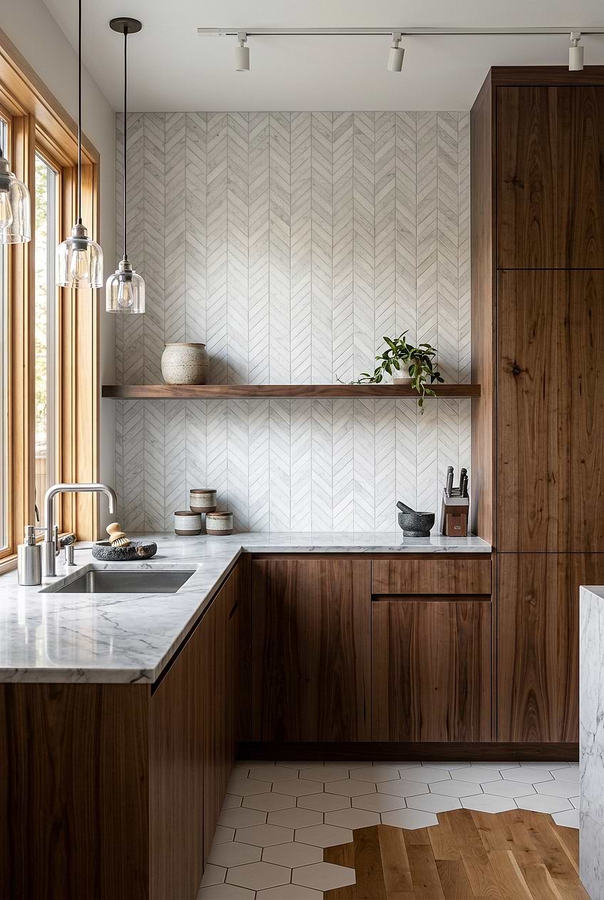 White Marble Chevron Tile Walnut Kitchen BA631613
