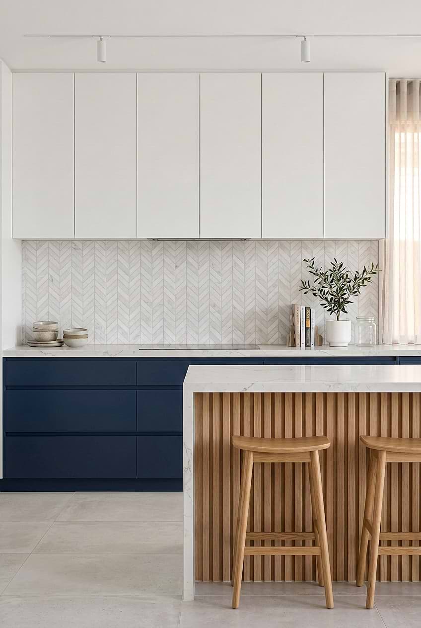 White Marble Chevron Tile for Blue Kitchen BA631613