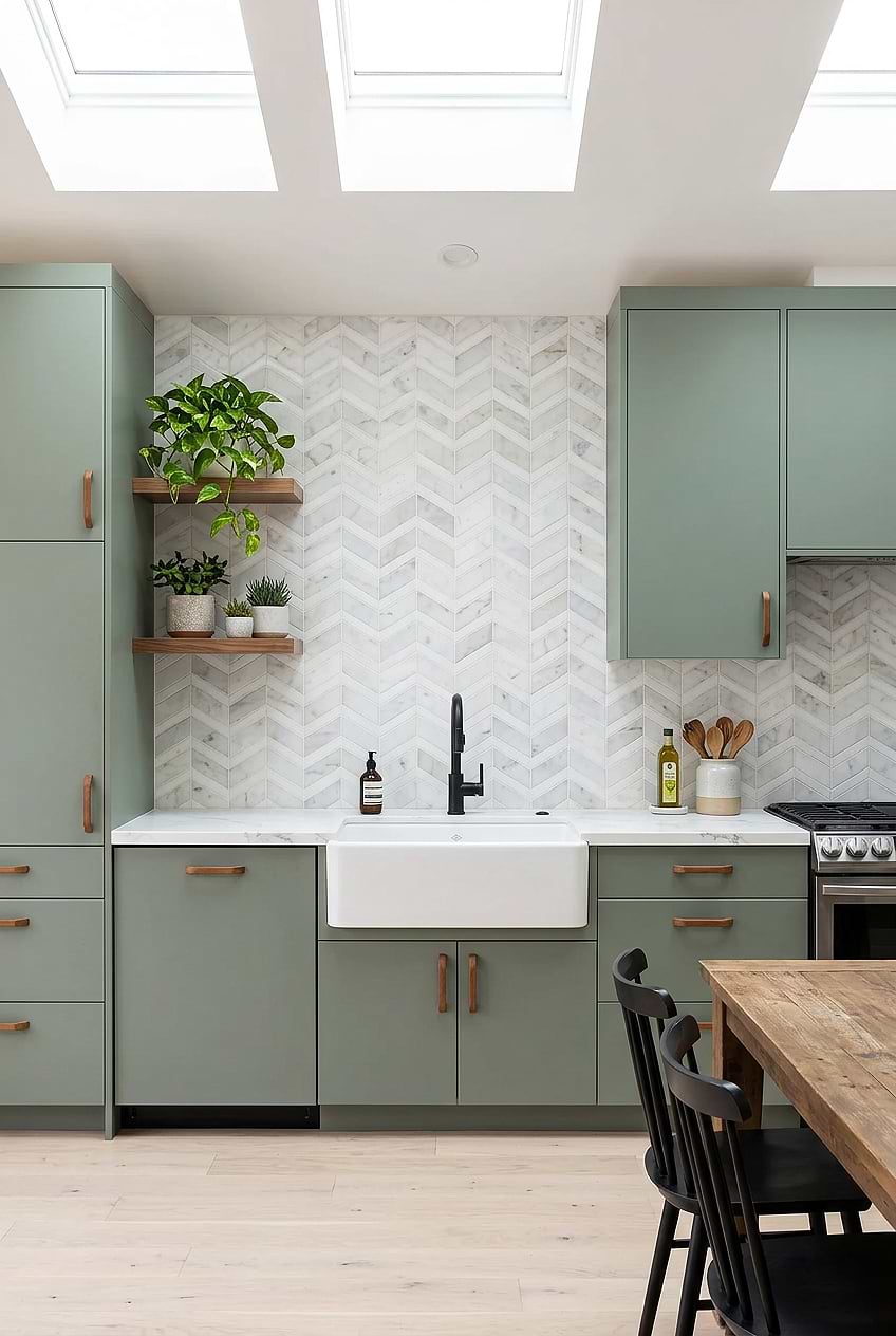 White Marble Chevron Tile for Sage Green Cabinets BA6311