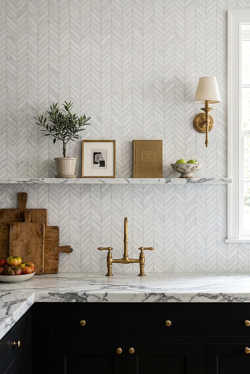White Marble Chevron Tile with Marble Countertop BA631613