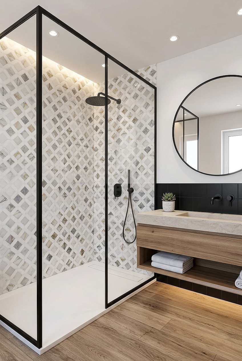 White Marble Diamond Shower Wall BA6313
