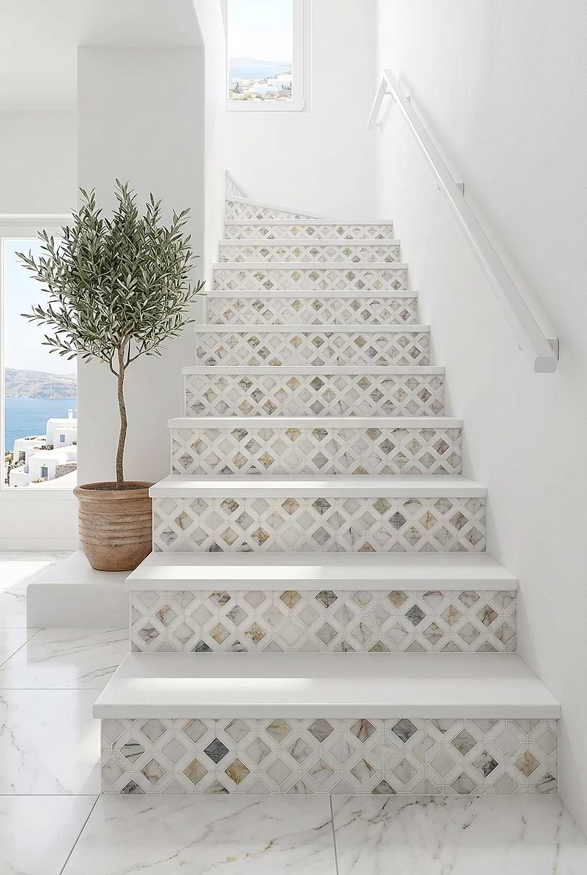 White Marble Diamond Tile Staircase Ideas BA6313