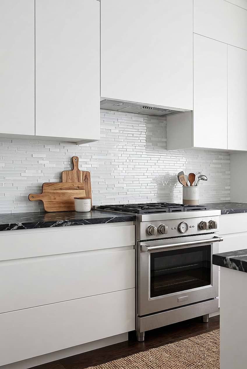 White Marble Glass Linear Kitchen Backsplash BA1012