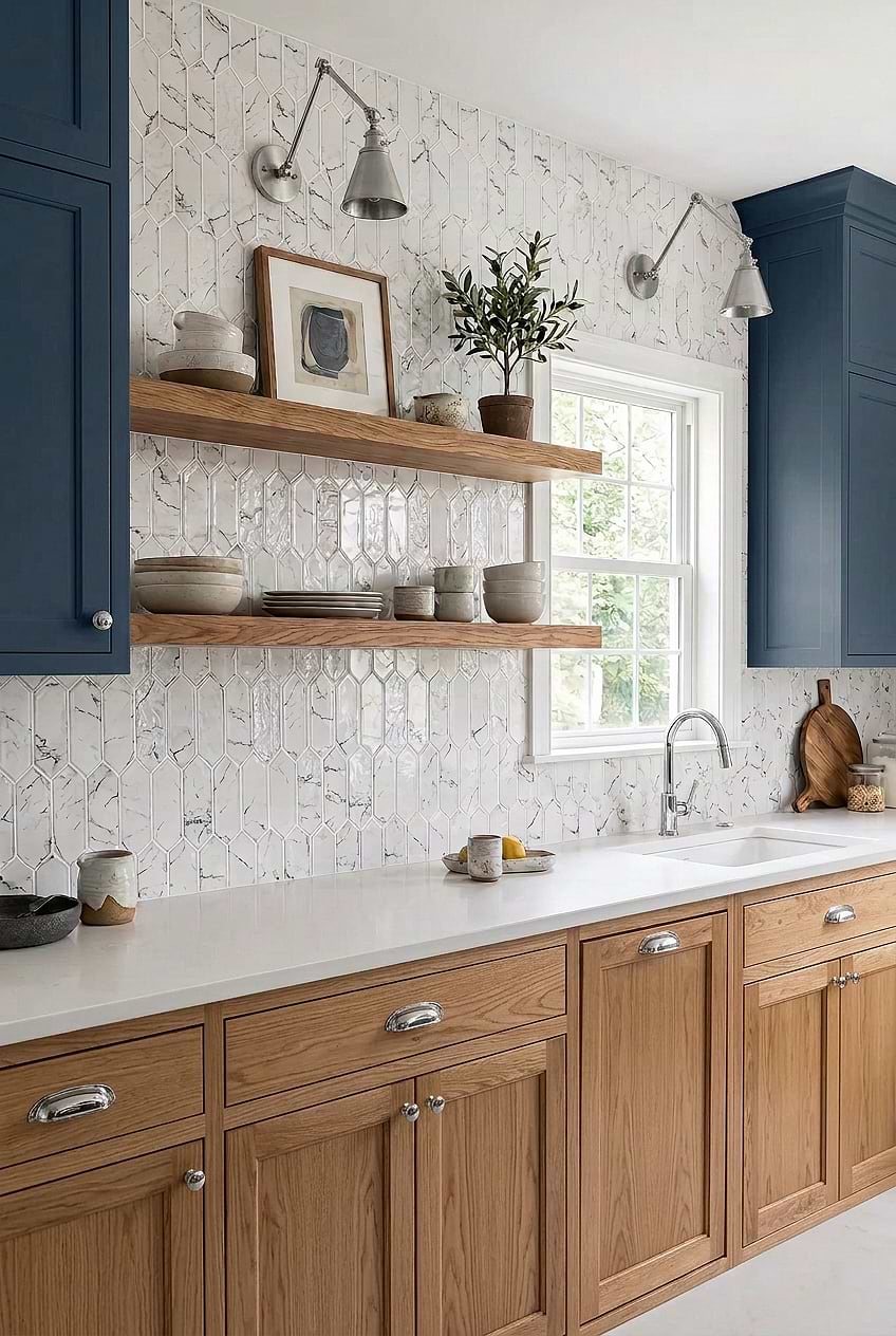 White Marble Glass Picket Backsplash BA5504