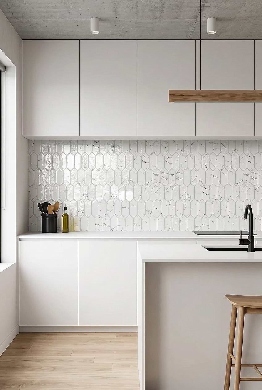 White Marble Glass Picket Kitchen Backsplash BA5504