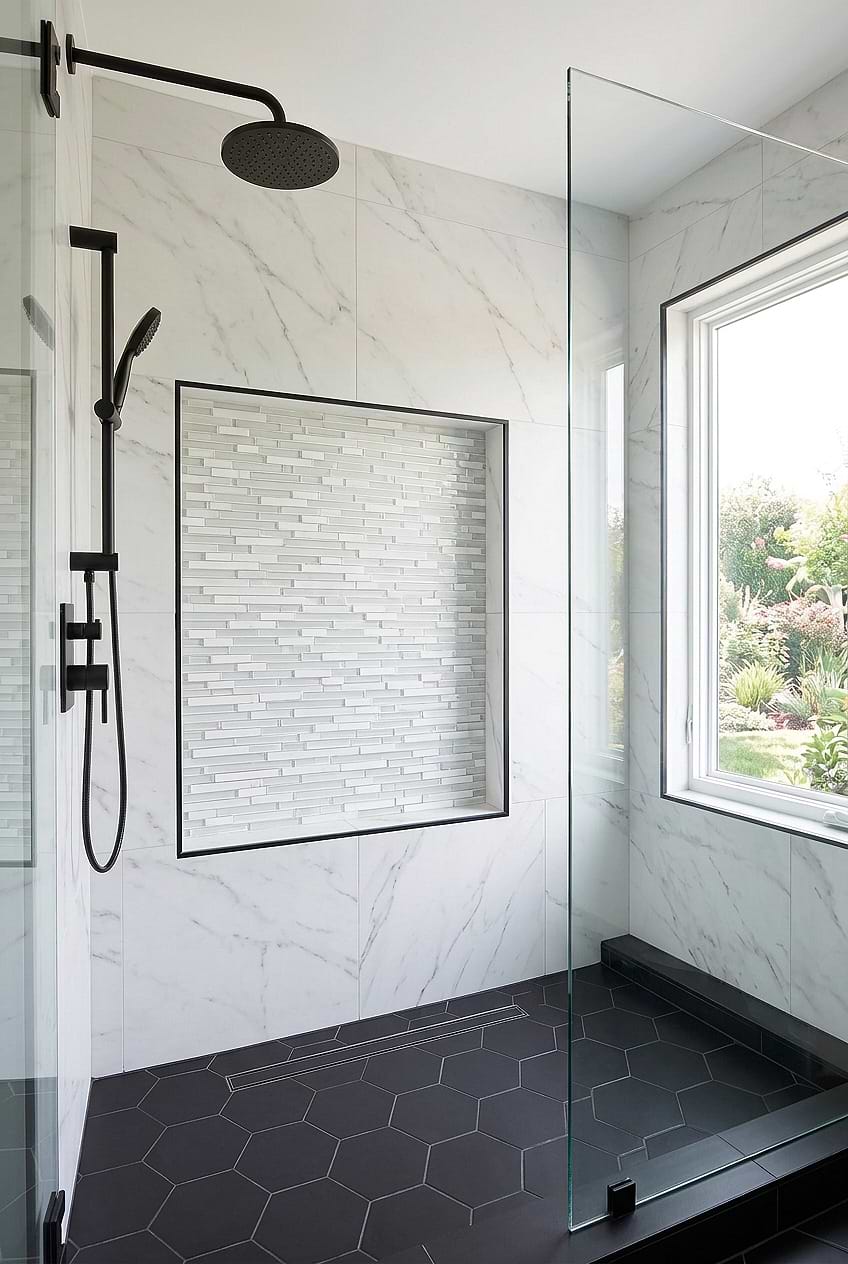 White Marble Glass Shower Niche Tile BA1012