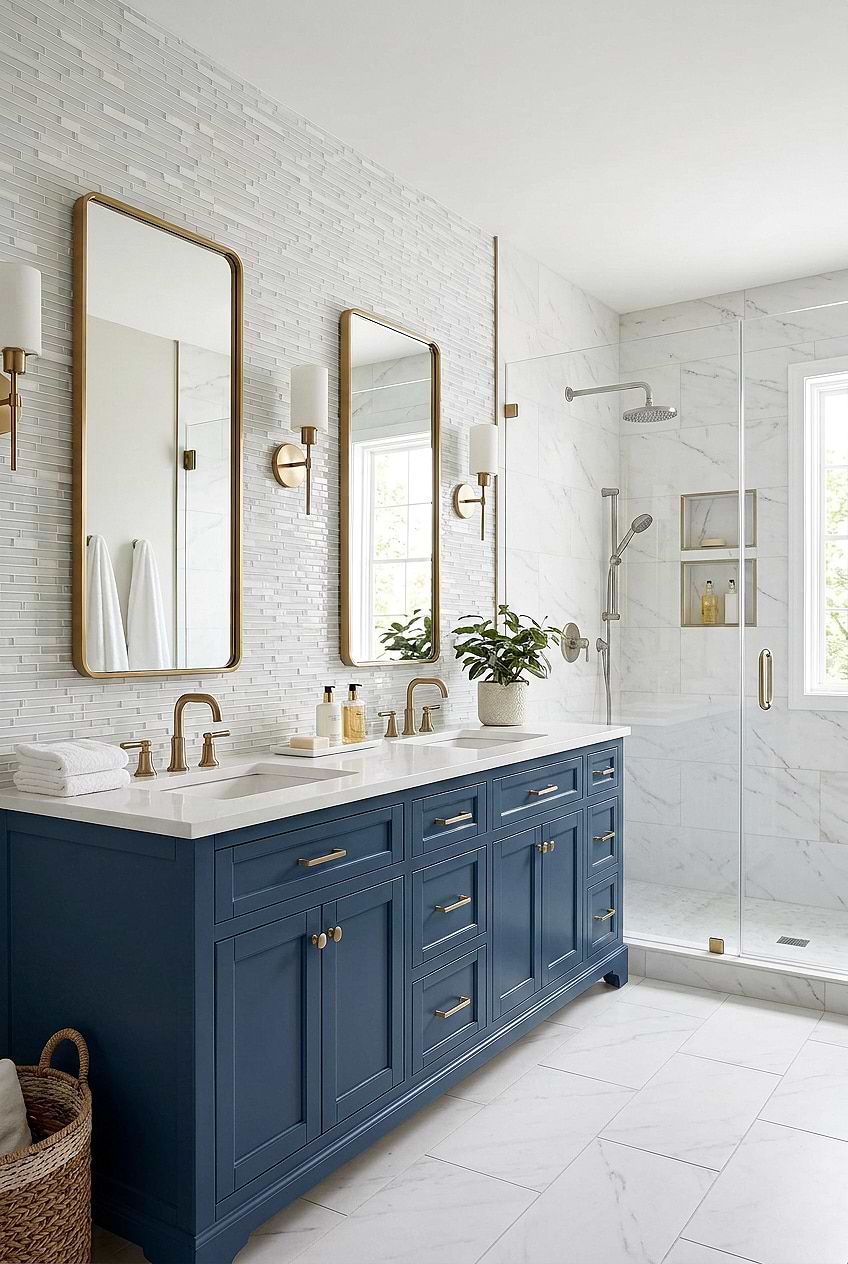 White Marble Glass Tile and Blue Vanity Bathroom BA1012