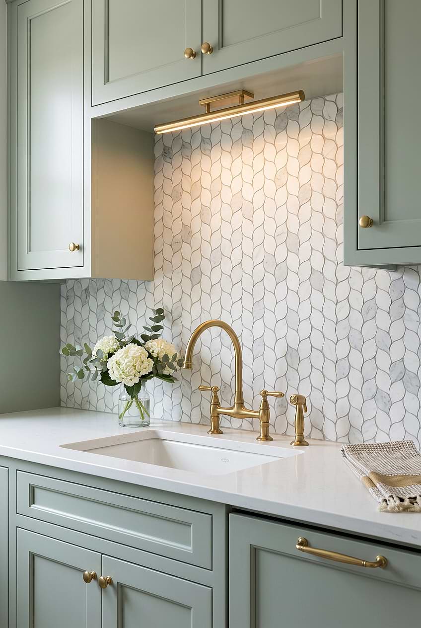 White Marble Leaf Laundry Room Backsplash BA6316